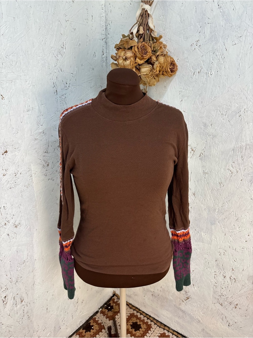 Free People Switch It Up Crochet Granola Girl Brown Mock Neck Thermal XL - Picture 4 of 9